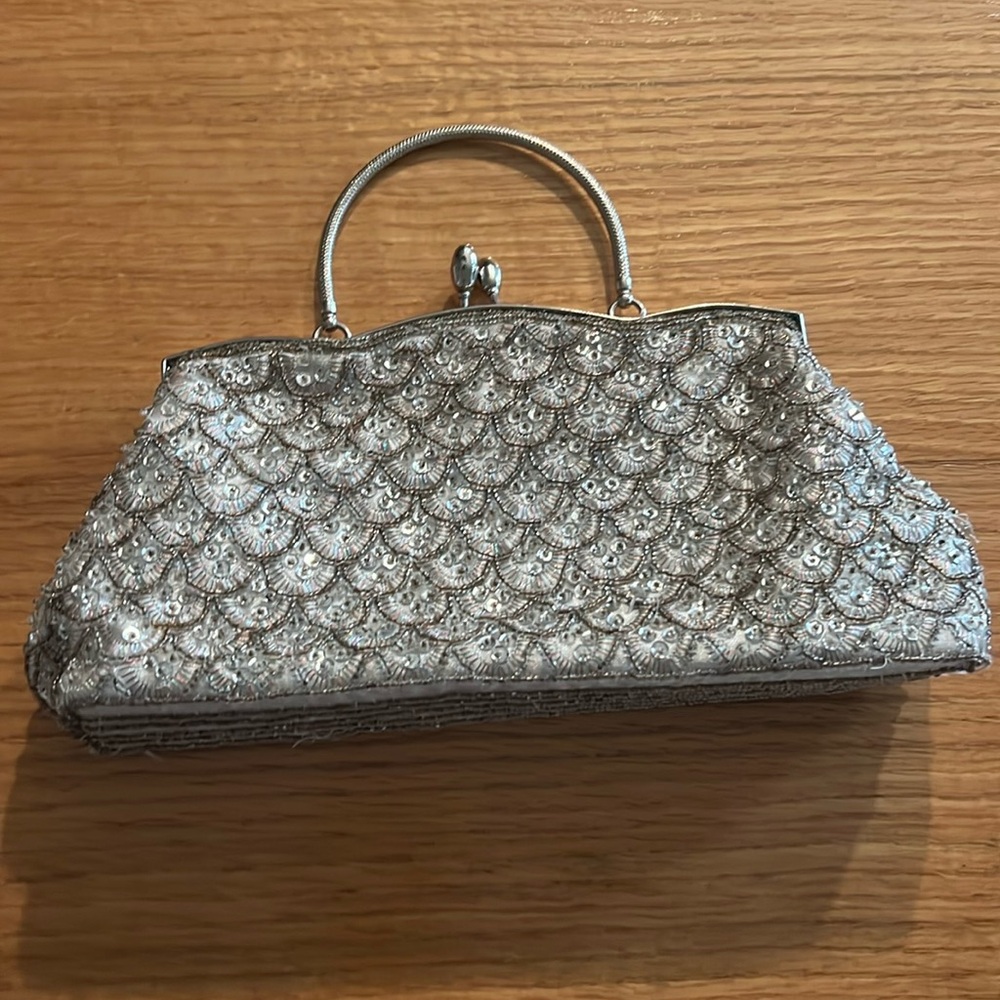 Vintage Silver Beaded Evening Clutch Bag Rainbow threads